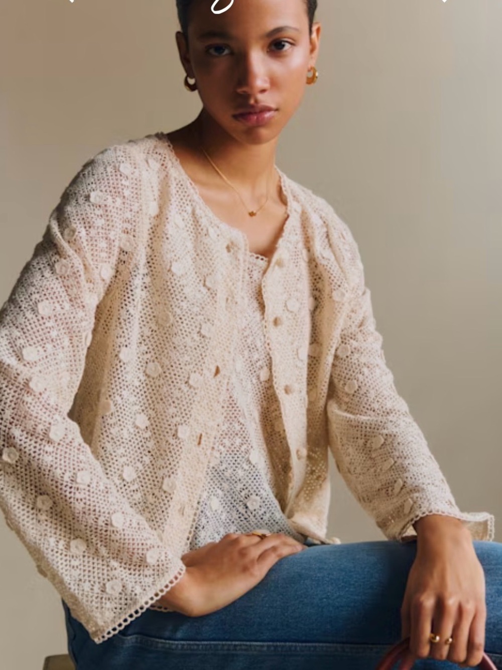 Sezane NEW top 
Textured Crochet Cardigan in Light Cream